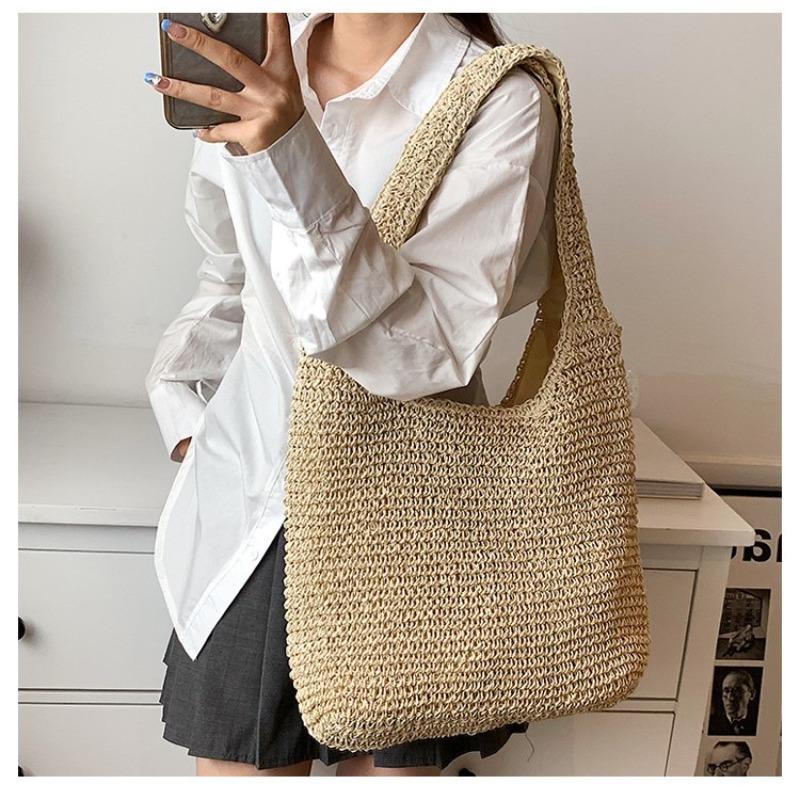 Strandtasche aus Stroh, Frühling, schlicht, gehäkelt, hohl, für den Weg zur Arbeit, große Kapazität, Schulter-Umhängetasche