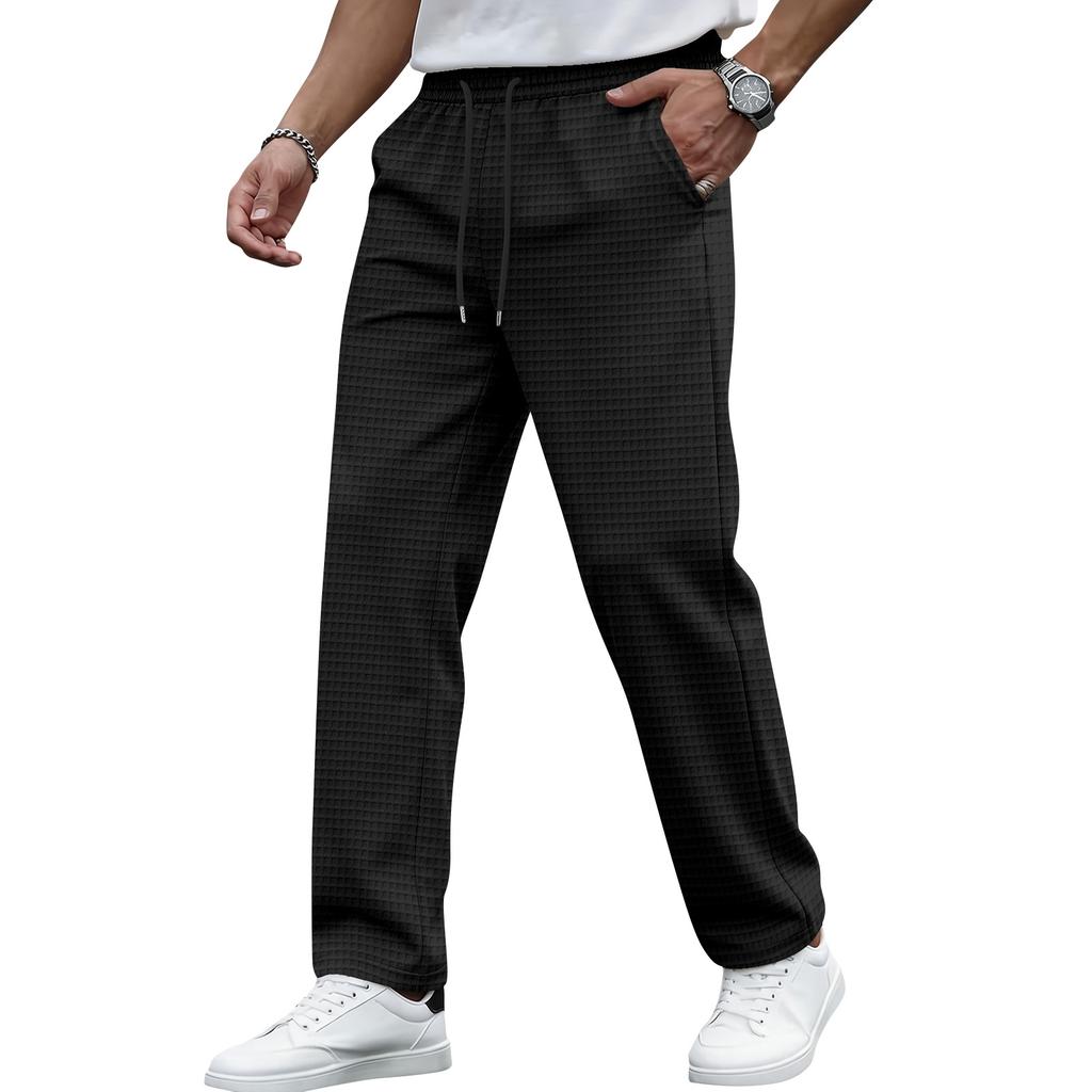 Men's Casual Plaid Drawstring Pants with Elastic Waistband Relaxed Fit Lightweight Trousers for Daily Wear