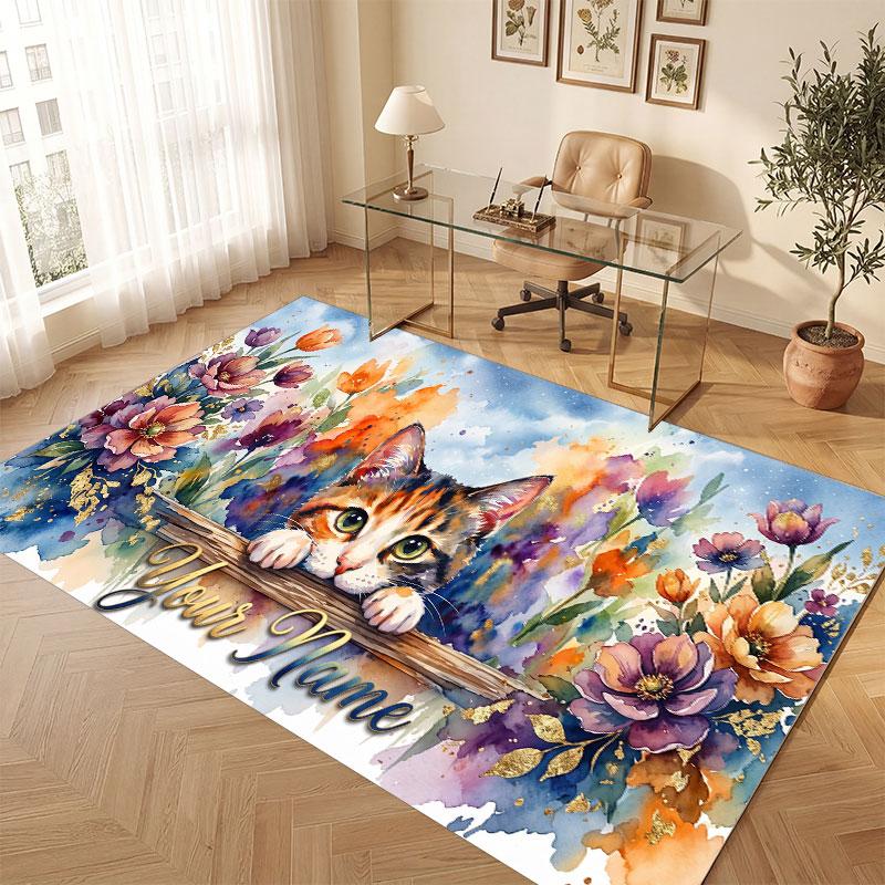 Cat Theme Crystal Velvet Floor Rug Personalized Custom Name Text Warm Carpet Home Decoration