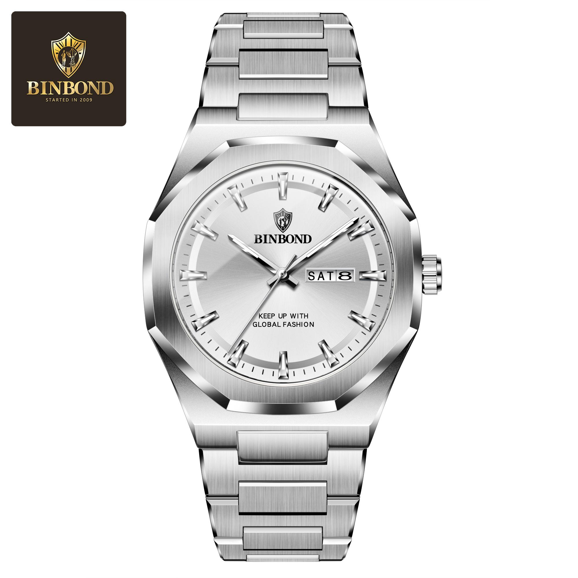 

Luxury Quartz Man Wristwatch Sport Waterproof Luminous Date Week Stainless Steel Mens Watches Male Reloj+box Full Silver