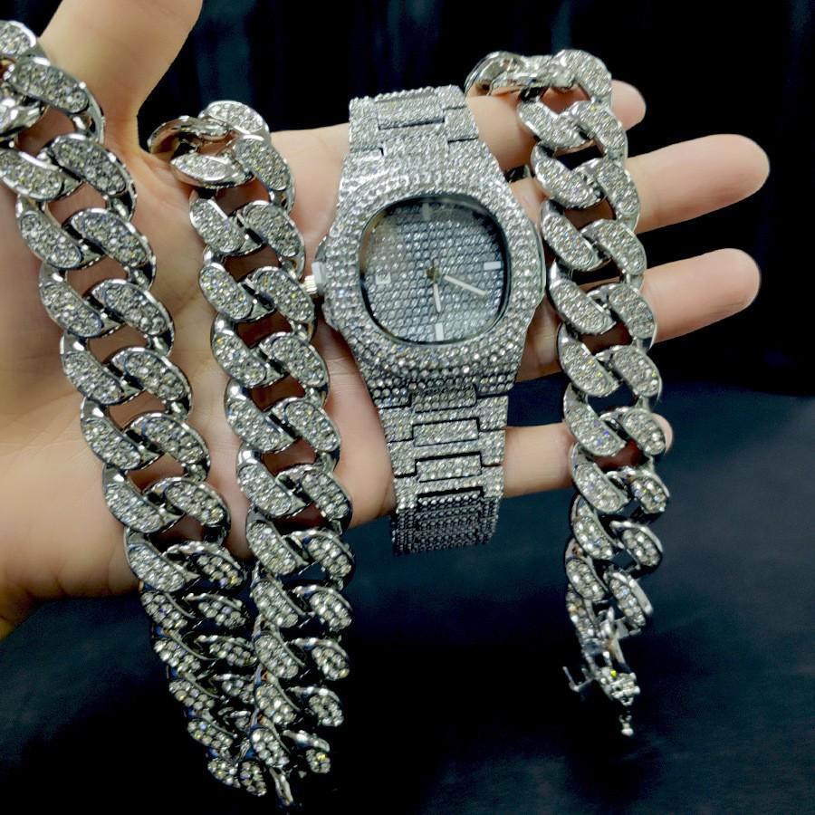 

Мужской хип-хоп ювелирный набор: Бриллиантовые часы, 20-миллиметровое кубинское ожерелье и браслет