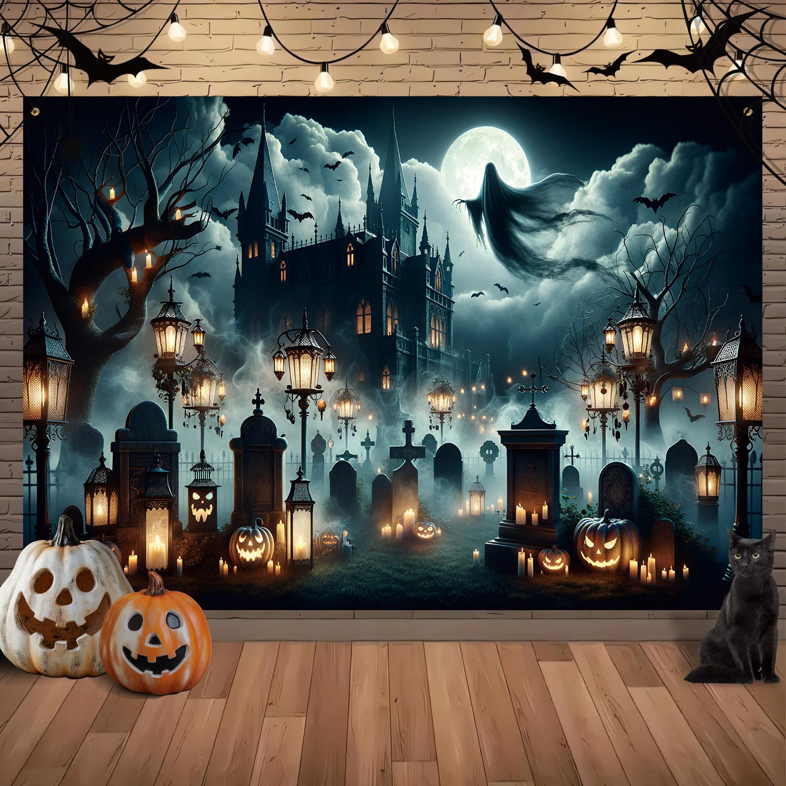 Spooky gothic Halloween background banner with graveyard haunted castle bats and jack-o -lanterns 150X100