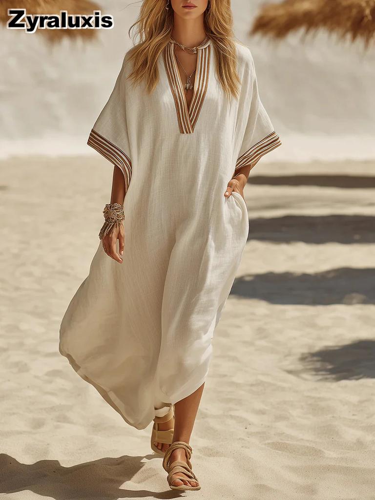 Lockeres V-Ausschnitt Damen Bohemian Maxikleid Sommer Strandurlaub Feiertag Sommerkleid