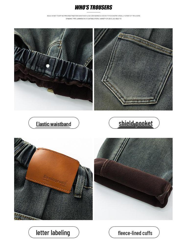 Girls' 2025 Korean Style Fleece-Lined Loose Wide-Leg Winter Jeans for Middle and Big Children