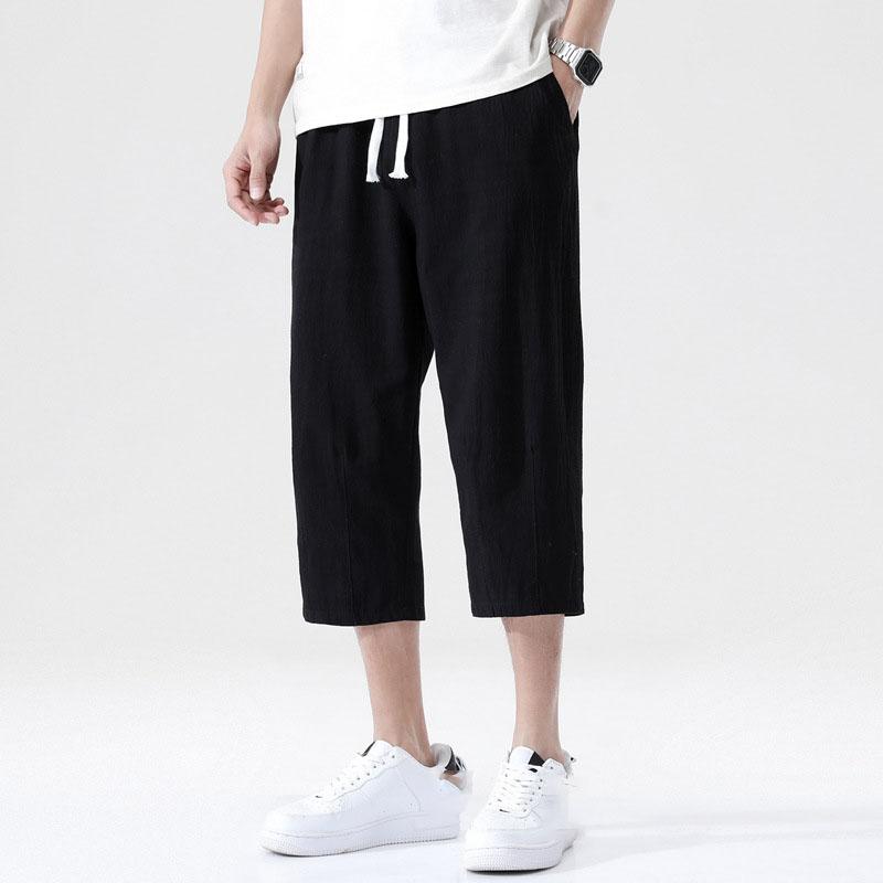 Calças casuais de verão masculinas, calças soltas de linho e algodão selvagem, estilo coreano, tendência, calças retas de nove pontos