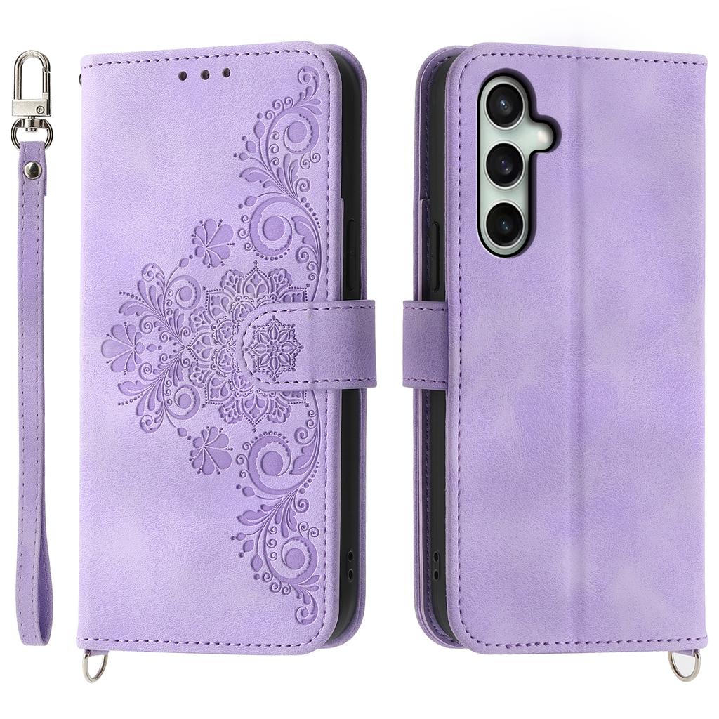 For Samsung Galaxy S24 FE Case Flower Pattern PU Leather Wallet Phone Cover with Shoulder Strap