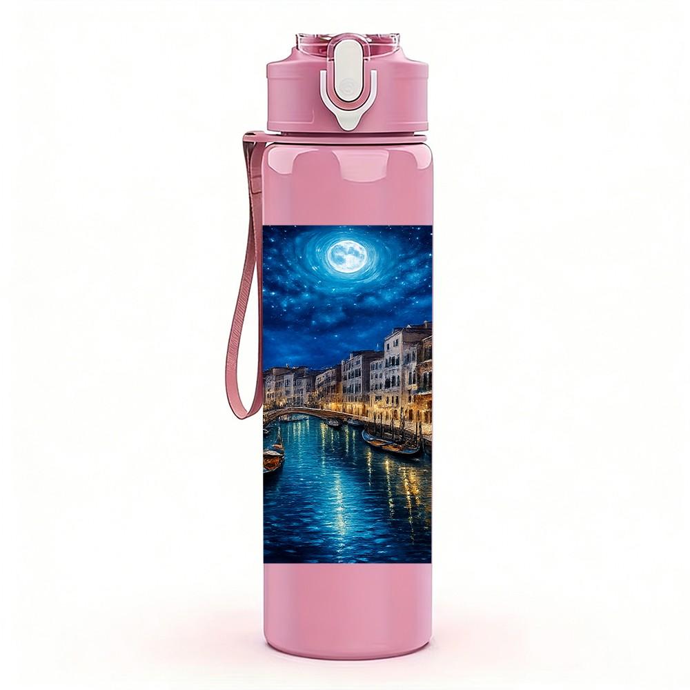 1PC Venice Night River City View Print 750ml Color Plastic Sports Water Bottle Leakproof Flip Straw Lid Suitable for Sports Office Home Use