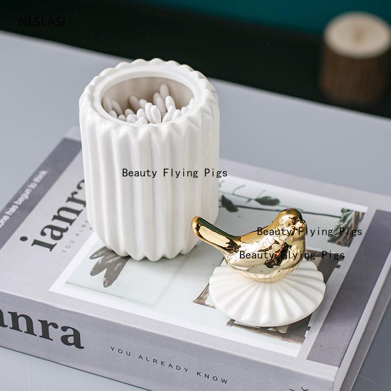 1pc Ceramic Toothpick Jar Cotton Swab Container Elk, Bird, Starfish Toothpick Jar Key Storage Box with Lid Household Goods