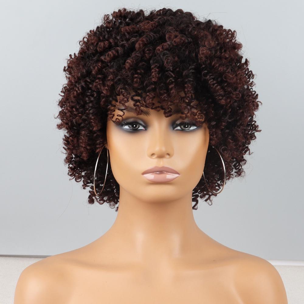

Мисс парик Короткие черные волосы Афро-кудрявые вьющиеся парики с челкой для чернокожих женщин Пушистые синтетические африканские парики с эффектом омбре 30cm
