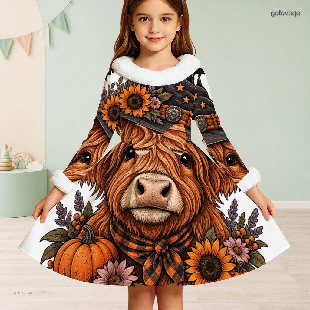 Girls High Neck Long Sleeve Cartoon Bear Pumpkin Printed Furry Trim A Line Flared Dress