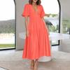 Puff Sleeve Vacation Dress For Women Summer  Deep V Neck Casual Short Sleeve A-Line Maxi Dresses