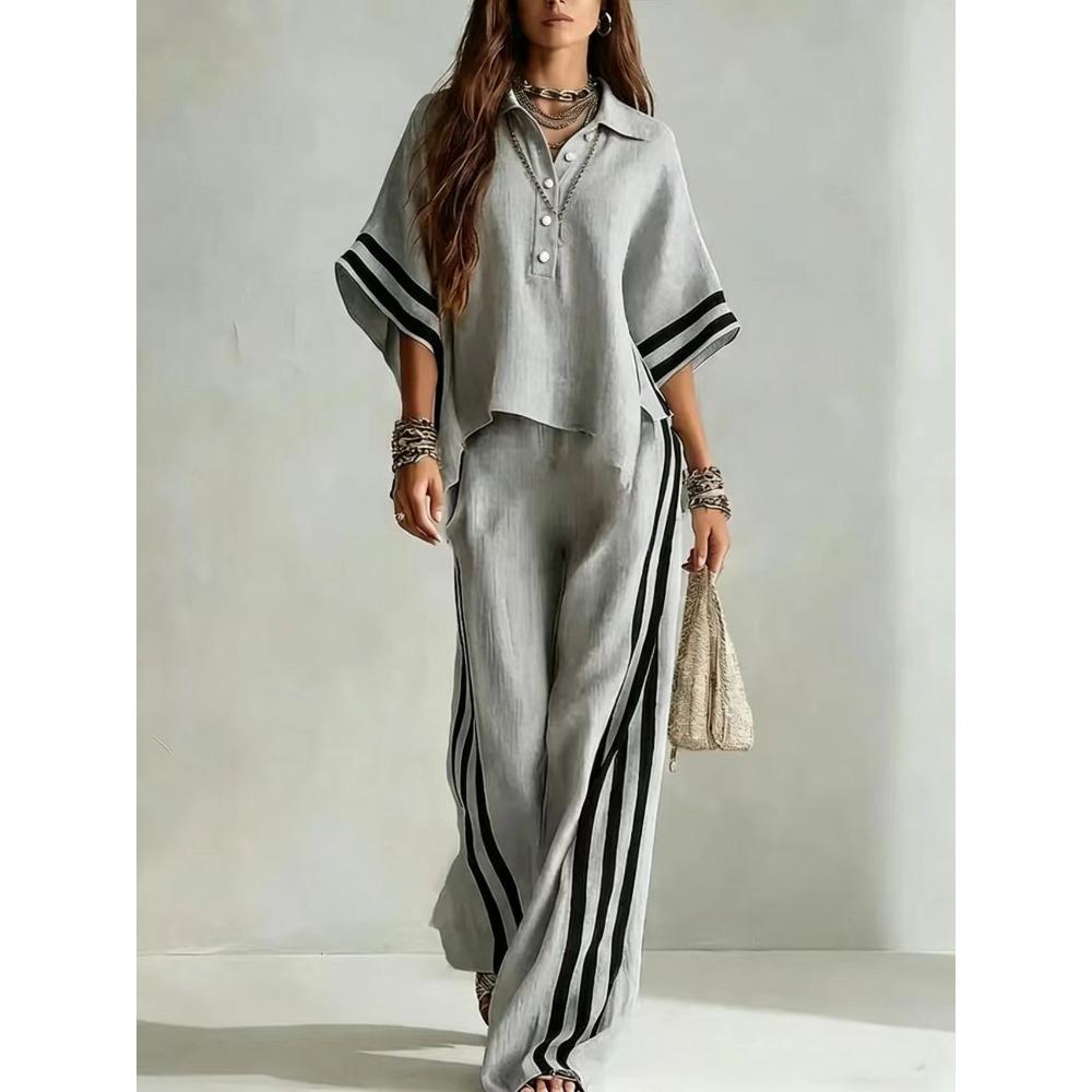 Women's Color Block Striped Dolman Sleeve Polo Shirt & Wide Leg Pants 2 Piece Set