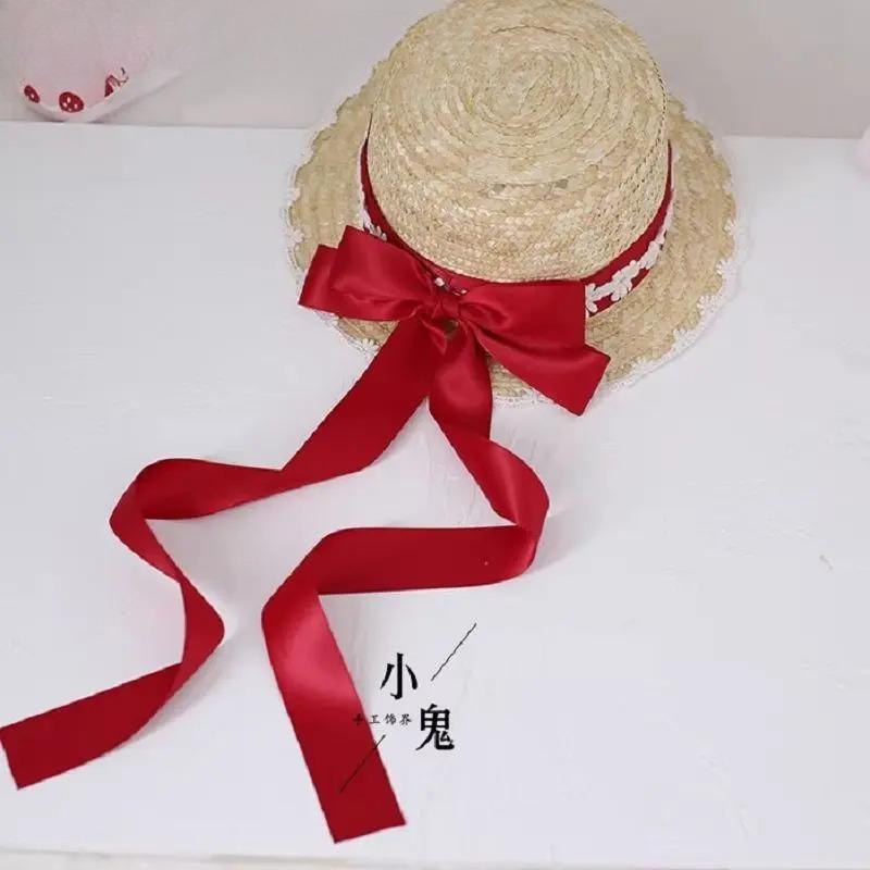 Small Sweet Lolita Straw Hat Lolita Princess Lace Bow Ribbon Straw Hat Women Girls Summer Straw Hats Beach Sun Hat