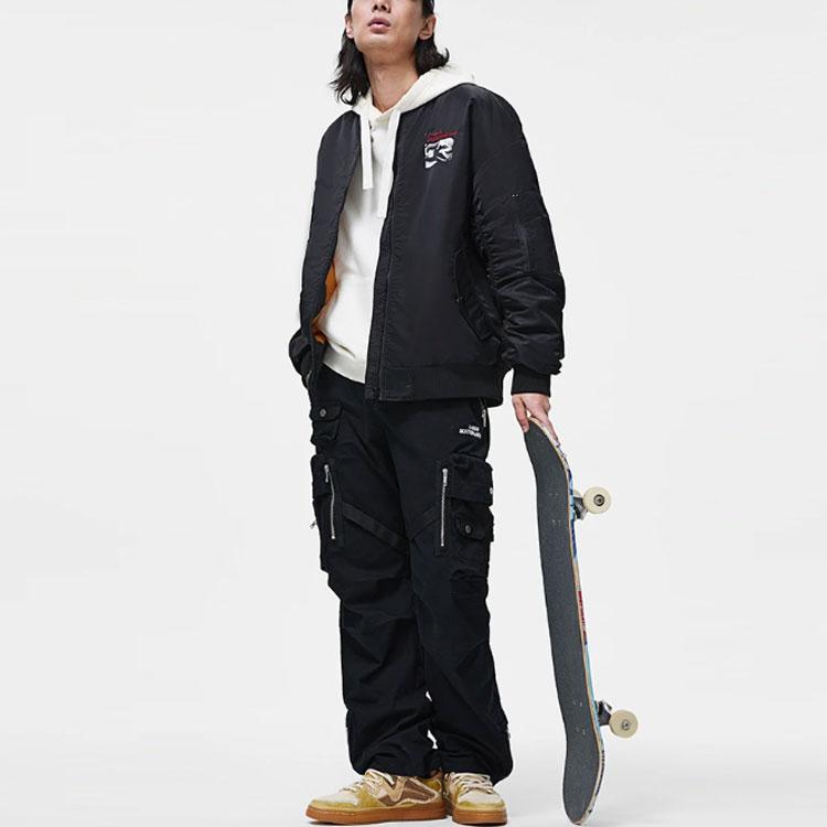 Li-Ning Letter Print V-Neck Single Zipper Loose Cotton Jacket Men jackets Black AJMT027-1