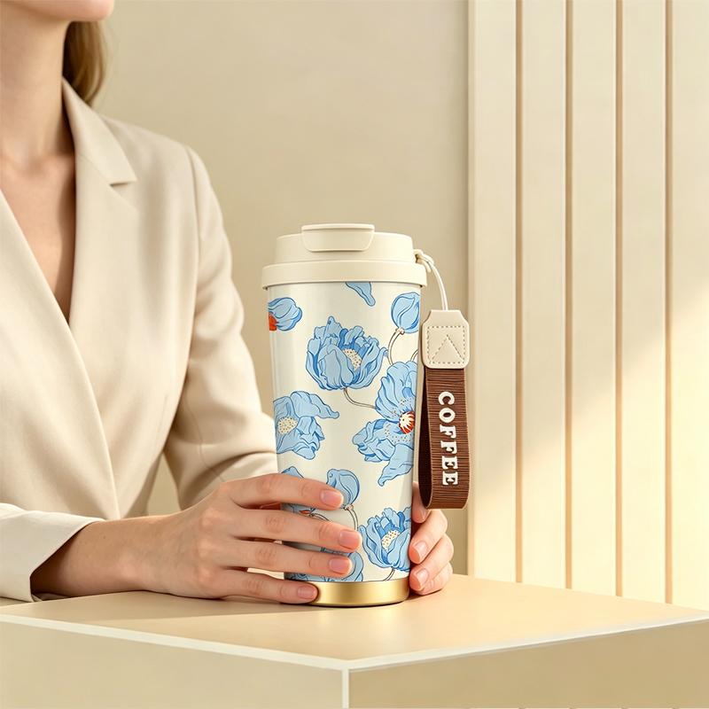 Coffee Mug 532ml Orange Stamen Flower Motif Outdoor Travel Thermos Leakproof Flip Car Cup Stainless Steel Coffee Thermos Car Handy Cup Coffee Mug 532ml красный/синий