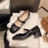 French square head ballet single shoes small leather shoes 2025 new bow light mouth retro thick heel Mary Jane shoes women