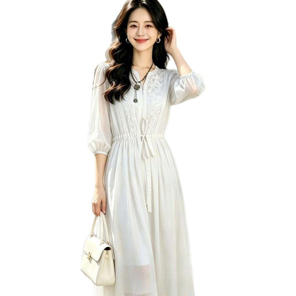 Embroidered chiffon dress for women's summer 2026 new waist small temperament seven-quarter sleeve medium and long dress