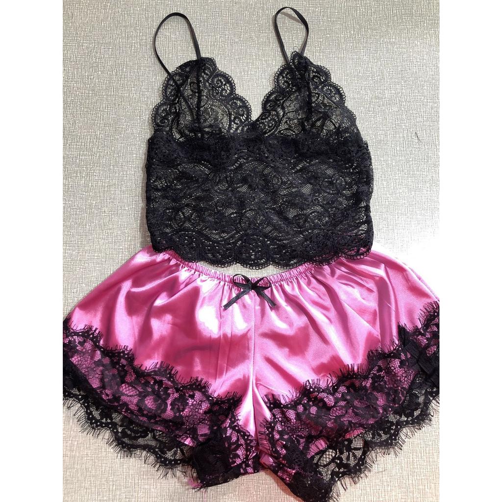 GMXIA Romantic Lingerie Lace Split Three-point Sexy Strappy See-through Pajamas and Pajama Pants Set