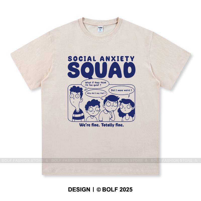 Women's Social Anxiety Squad Printed T-Shirt 100% Cotton Oversized Relatable Graphic Tees for Men Summer Tops Mood Streetwear