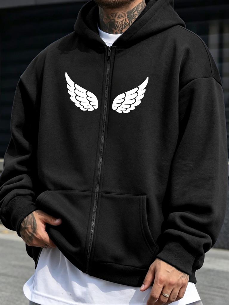 2026 New unisex Sweatshirt, Casual and Fashionable Versatile Style Zipper Hoodie with Angel Wings Print Design, Simple and Stylish Letter Graphic Pat