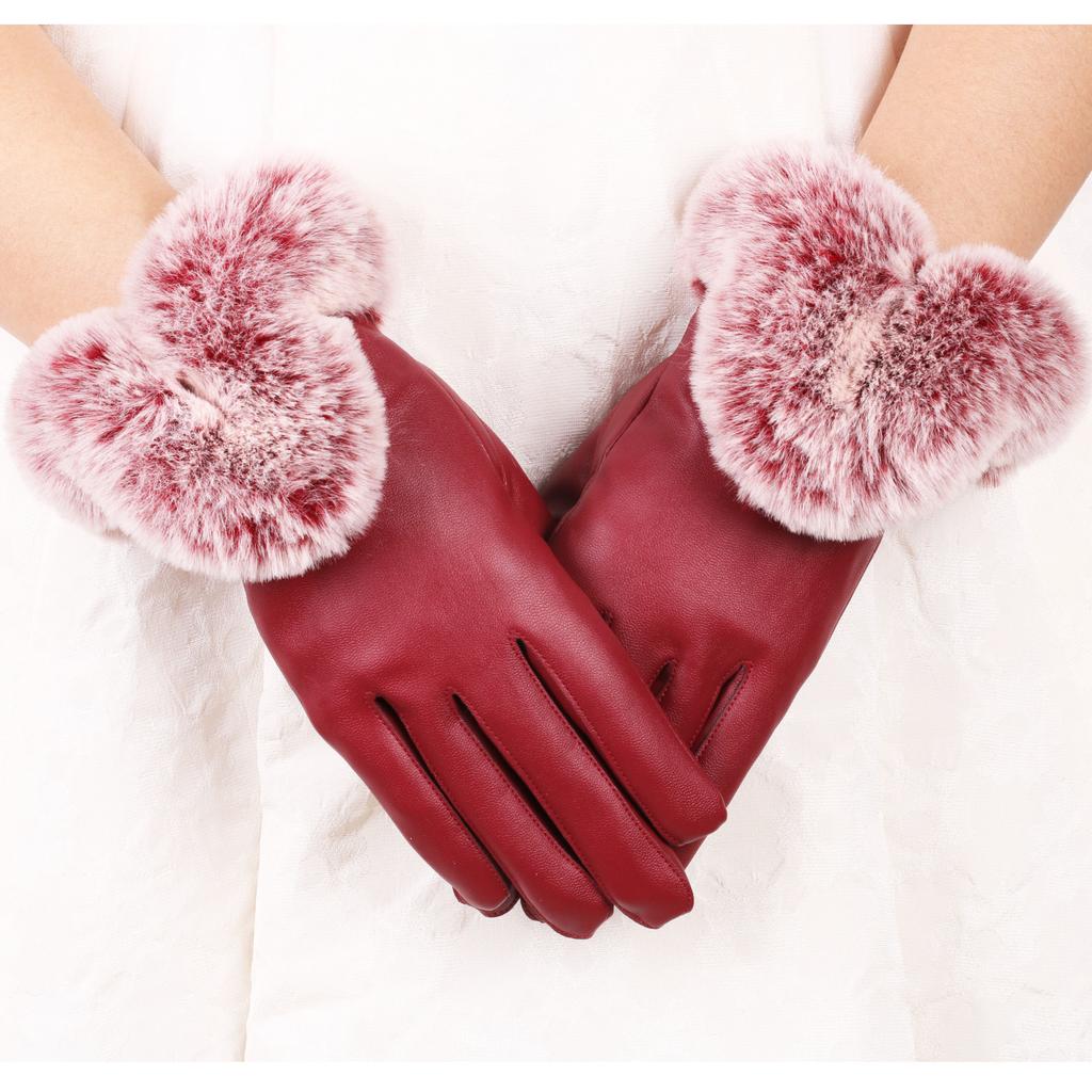 Warm Gloves for Women PU Leather Cold Proof Plus Velvet Thickened Rabbit Fur Mouth Outdoor Riding Cold Protection Autumn and Winter Gloves