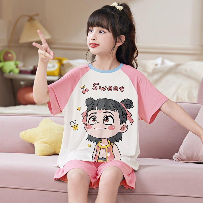 Girls Modal Cotton Pajama Set Short Sleeve Lightweight Sleepwear Cartoon Print Home Outfit Kids
