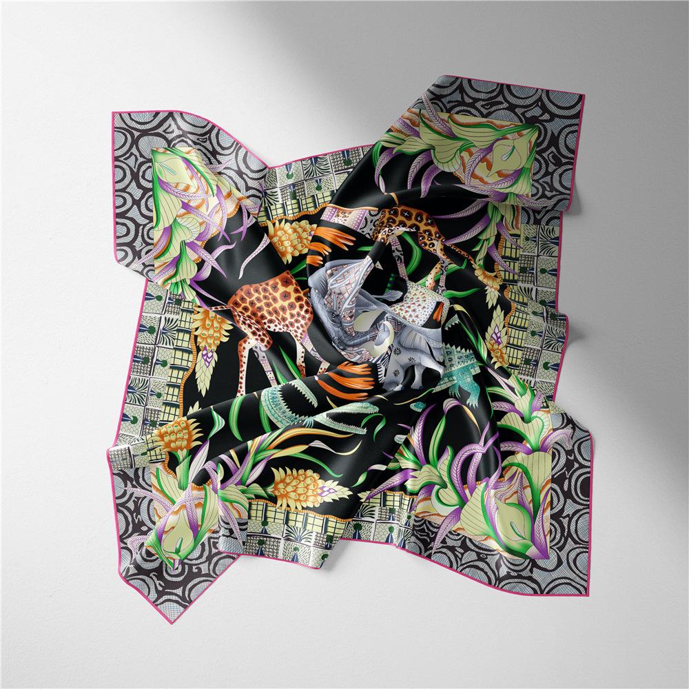 53CM Twill Silk Scarf Woman Forest Animals Print Square Scarves Wrap Bandana Small Hijab Foulards Lady Tie Headband Neckerchief