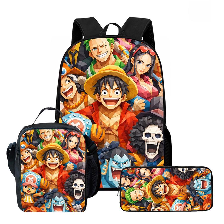 One Piece Anime Backpack 3Pcs Set Cartoon School Backpack Crossbody Bag Pencil Case Student Schoolbag Travel Backpack Gift