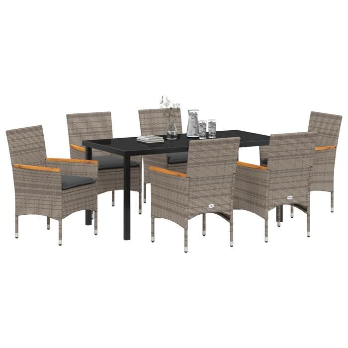VidaXL Ensemble de Salle à Manger de Jardin de 7 pièces avec Coussins en Poly Rattan Gris 3379853