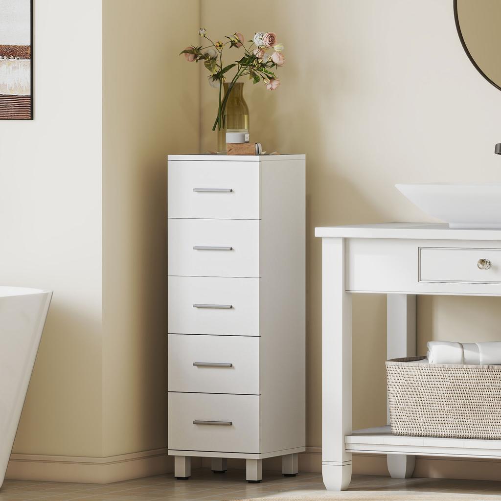 Badkamerkast Smalle Badkamerkast met 5 Lades voor Badkamer, 30 x 30 x 95 cm, Wit