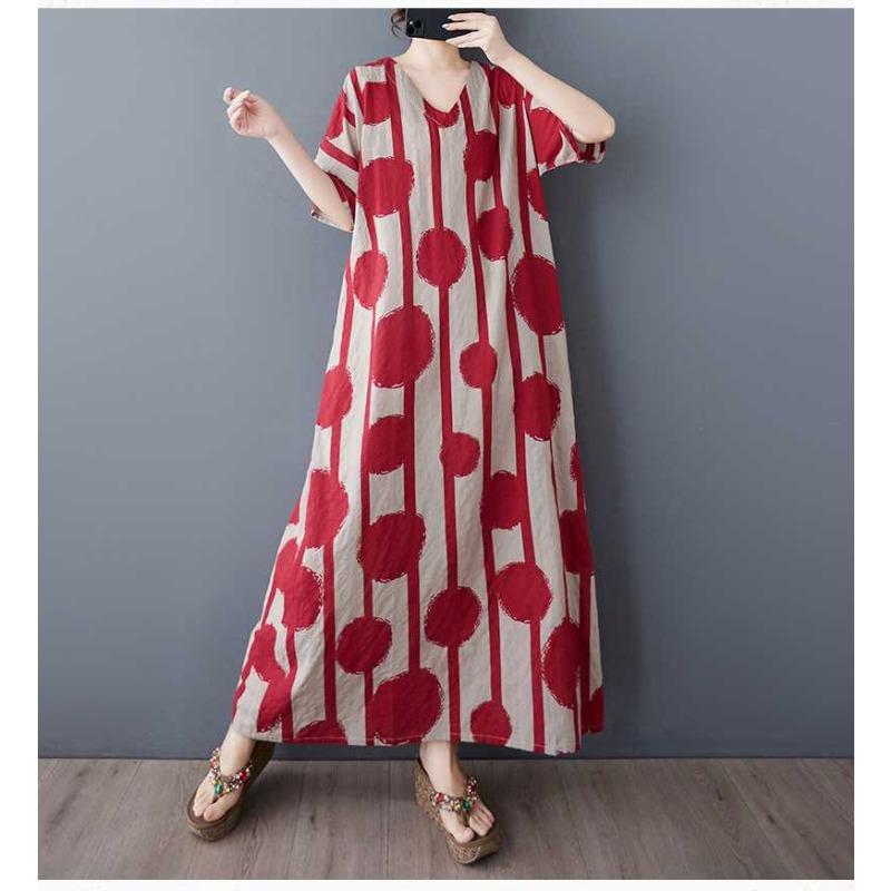 Retro Polka Dot Dünnes Baumwollleinen Weinrot Morgenmantelkleid Locker Langer Rock für Frauen