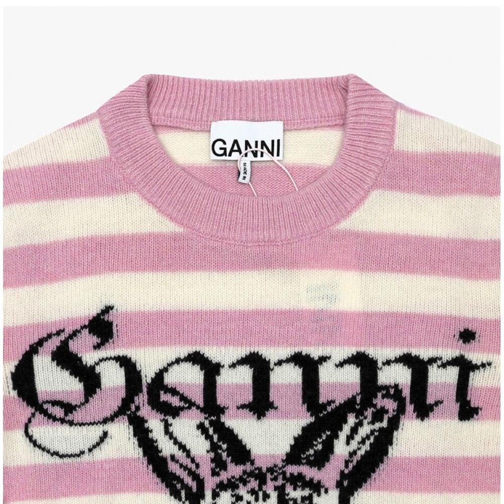 Ganni Damen Strickpullover Bunny Grafik Logo Wollmischung Streifen K2426 065