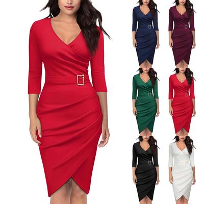 Stilvolles Dinnerparty-Kleid für Damen mit Sieben-Punkt-Ärmeln und V-Ausschnitt