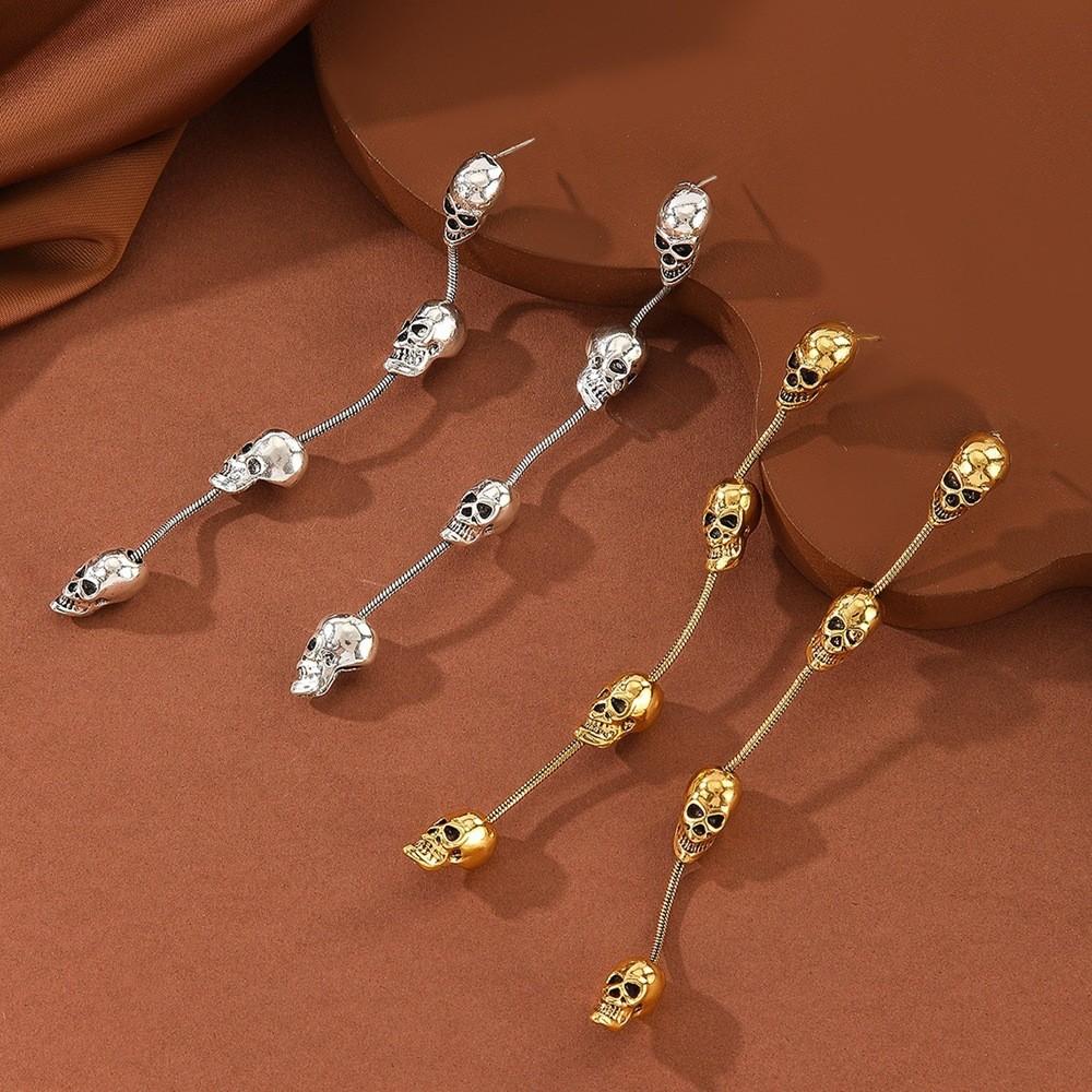 Long Skull Gothic Earrings With Metal Dangle For Women Halloween Jewelry Costume