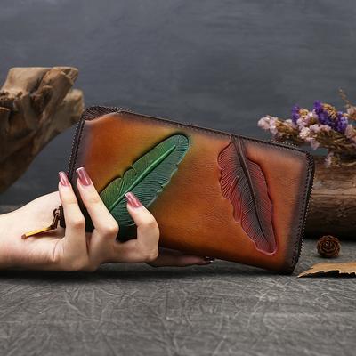 Vintage Design Feather Embossing Handbags for Women Genuine Leather Zipper Purse Fashion Phone Bags Wallets