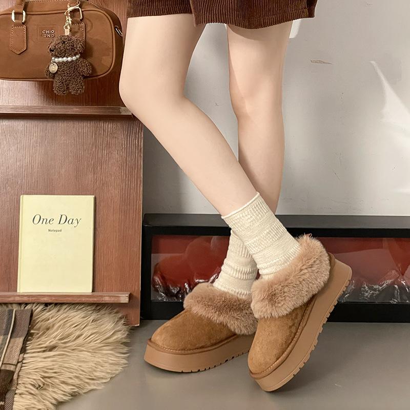 Retro platform fluffy snow boots women's new winter one-pedal bag heel plush cotton shoes