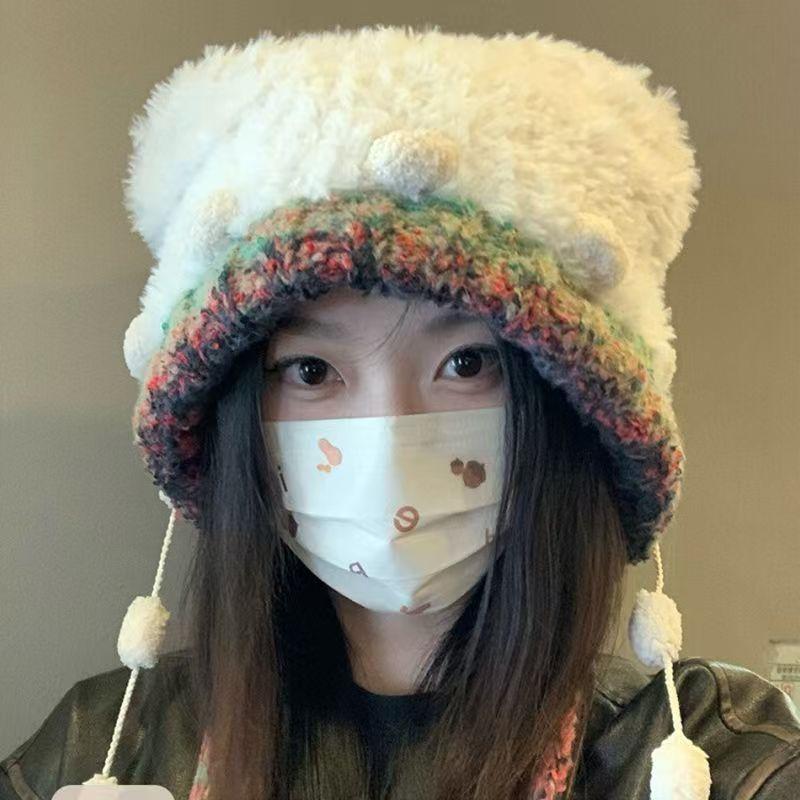 Winter warm ear protection color rope plush hat women's versatile windproof knitted wool hat plush thickened cycling pullover hat