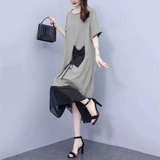 Vestito estivo da donna, taglie forti, in rete, patchwork, scollo rotondo, manica corta, tasca con toppa abbinata, coulisse, casual, da donna, midi, per pendolarismo
