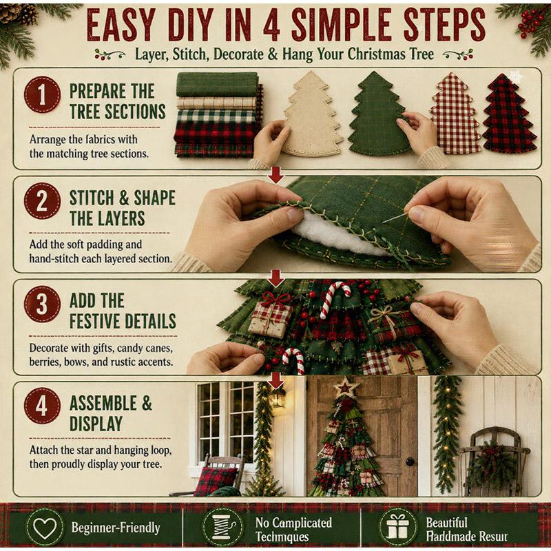 DIY Patchwork Christmas Tree Kit, Farmhouse Fabric Xmas Wall Hanging Ornament Craft Set, Complete Sewing Material Kit for Gifts