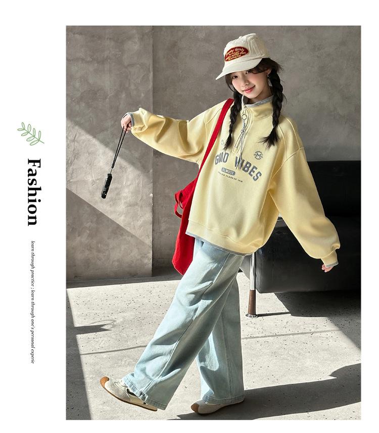 Korean Style Half-Zip Stand Collar Girls' Hoodie - Spring/Autumn Fashion
