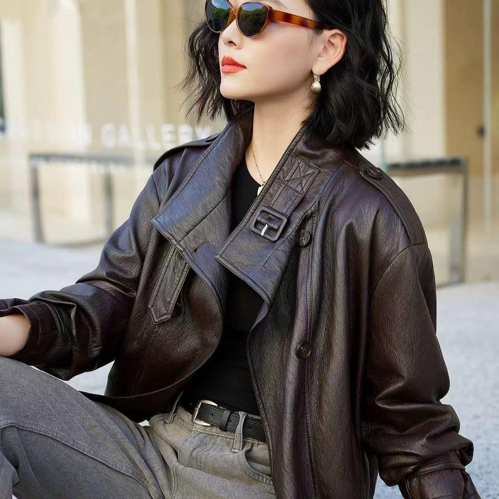 Women's 2025 Autumn American Style Stand Collar Leather Motorcycle Jacket