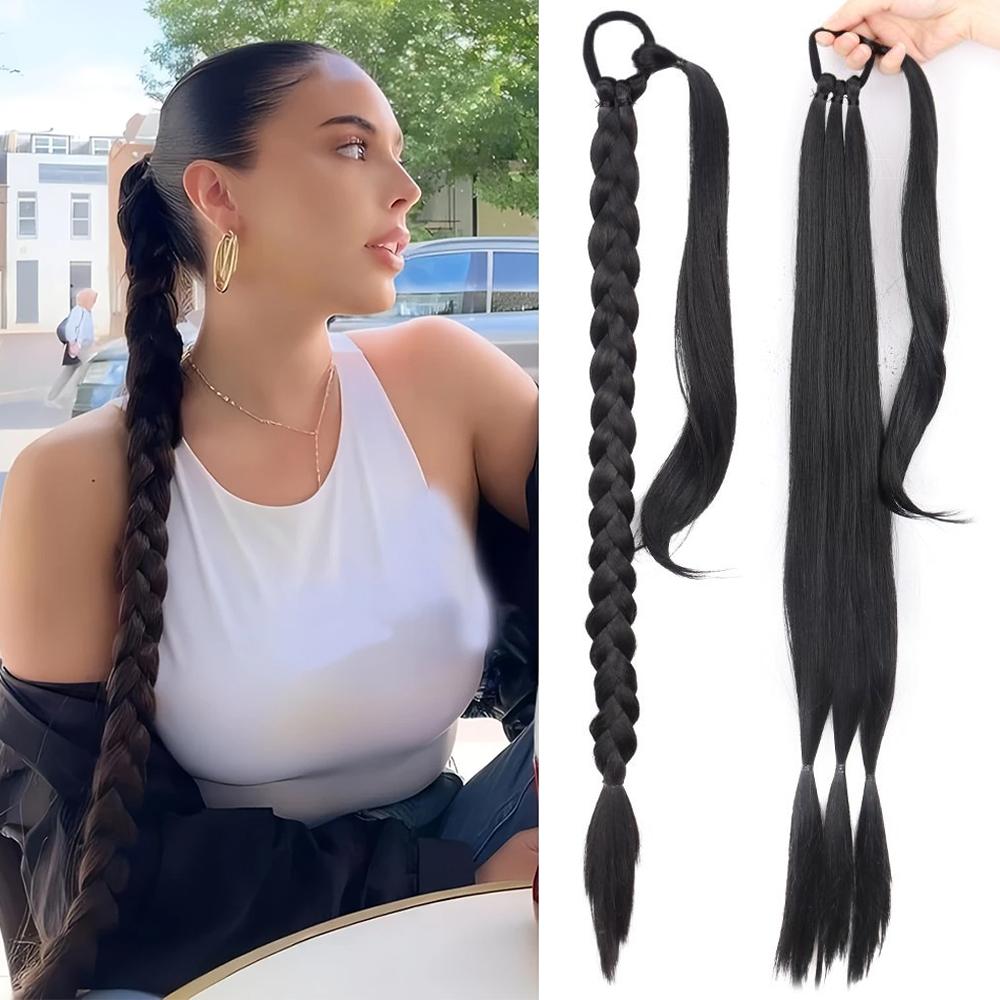 MERISIHAIR Elegant Women Synthetic Long Straight Braided Ponytail Extensions Hairpiece Wrap Around Pony Tail With Rubber Band