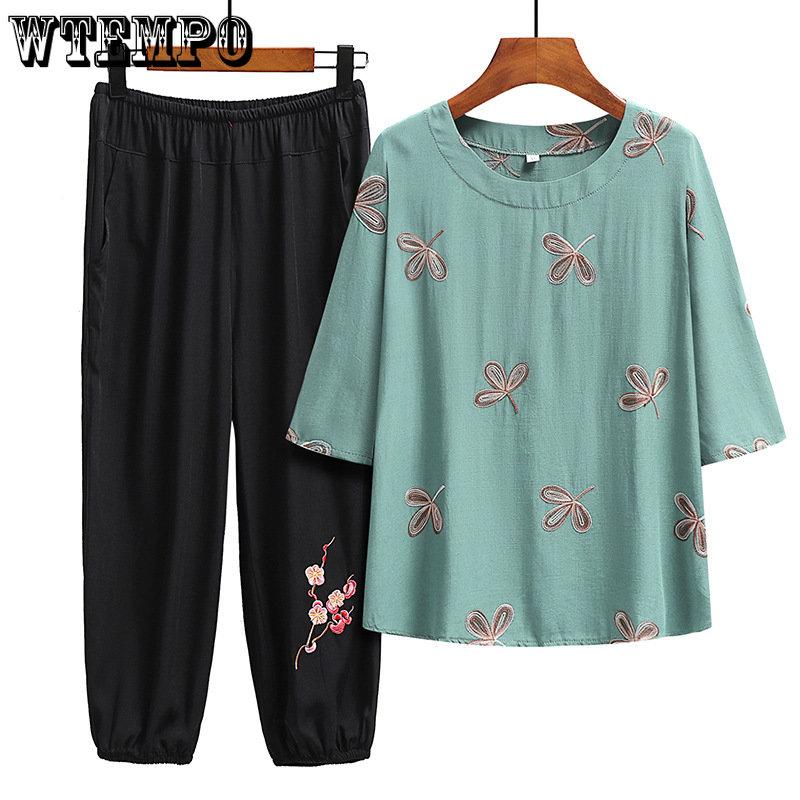 

Весенне-летний свободный брючный костюм большого размера из хлопка и льна, женская футболка среднего и пожилого возраста с половиной рукавов, блузка с вышивкой, брючный костюм 5XL