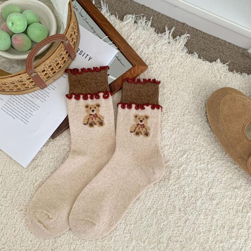 

Женские осенне-зимние утолщенные теплые шерстяные носки средней длины с жаккардовым рисунком в виде милых мультяшных животных 1 pair