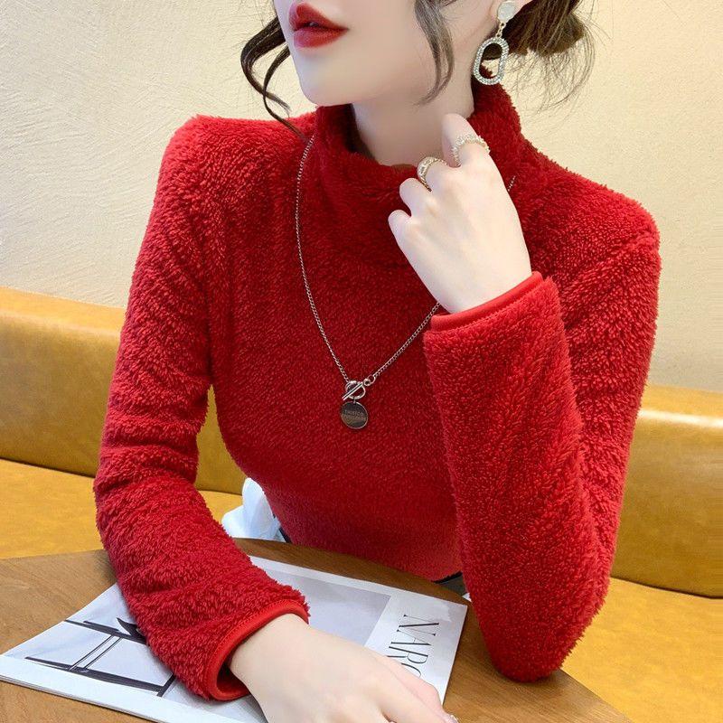 Double Sided Coral Fleece High Neck Long Sleeved Base Shirt for Women Versatile Loose Fitting Inner Outer Women's Warm Jacket T-Shirts Women’s