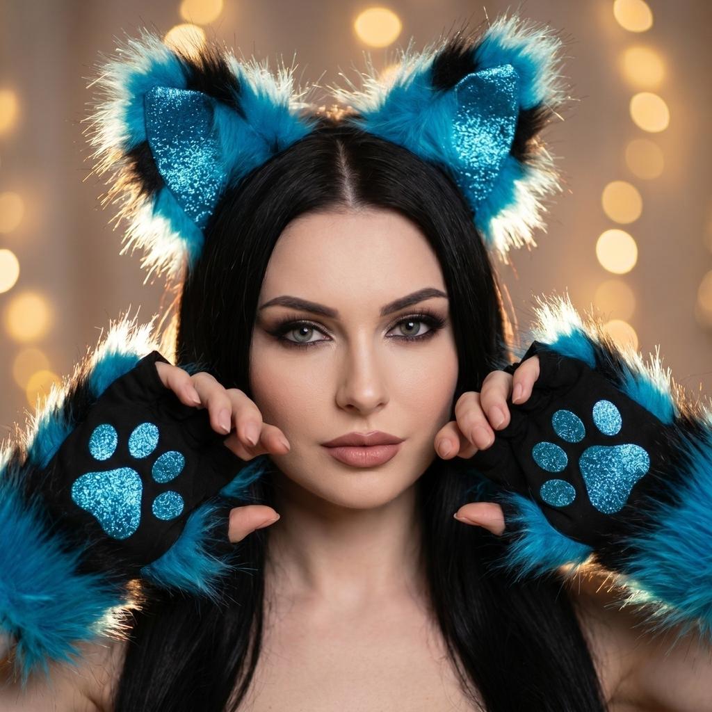 Ear Headband Gloves and Tail Set - 3 Piece Party Costume Accessory for Women