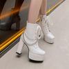 2026 High Gloss Patent Leather Lace Up Zipper Metal Chain Punk Style Short Boots Square Toe High Thick Heel Platform Boots