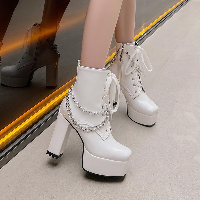 2026 High Gloss Patent Leather Lace Up Zipper Metal Chain Punk Style Short Boots Square Toe High Thick Heel Platform Boots