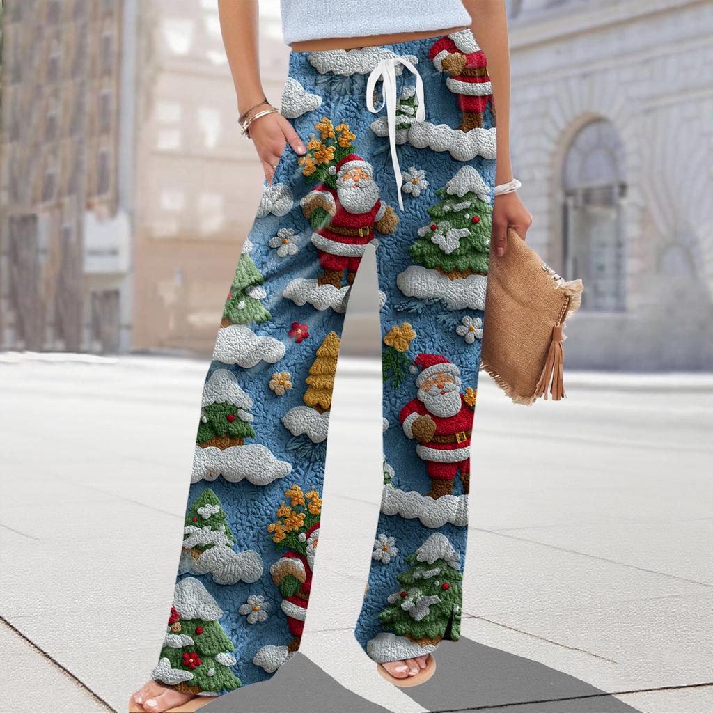Ladies' Loose And Casual Christmas Printed Wide Leg Pants With Elastic Waistband Drawstring And Pocket Pants