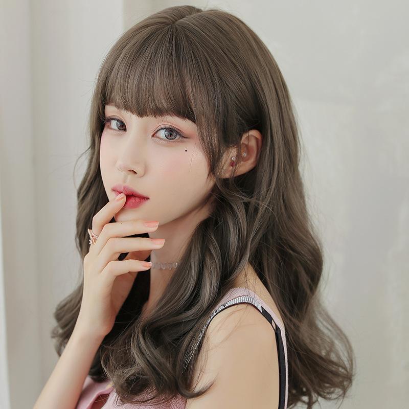 Women's Fashion Front Lace Heat Resistant Fluffy Wig Ladies Daily Use Natural Looking Synthetic Fiber Long Wavy Wig with See Through Bangs